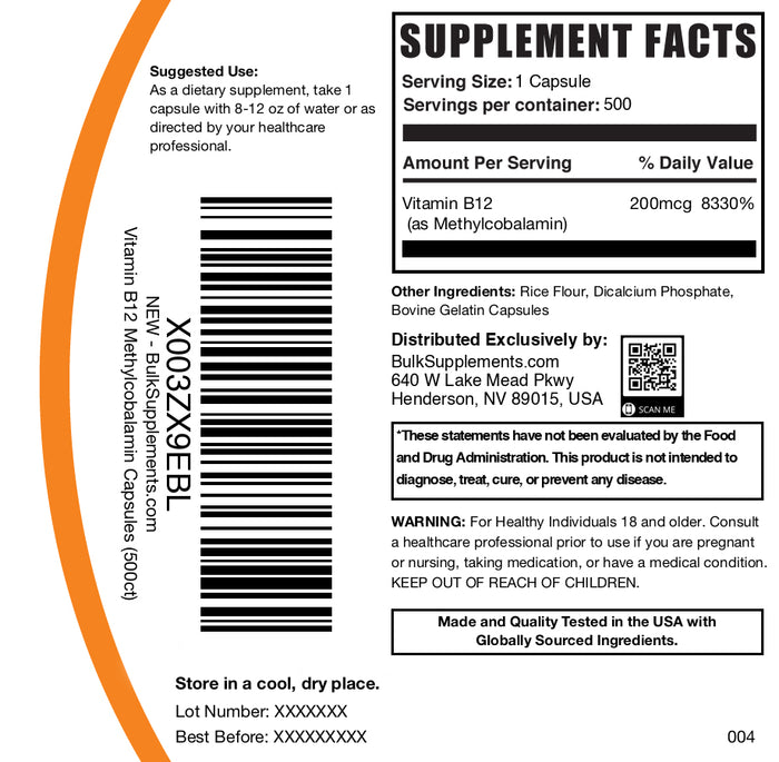 Vitamin B12 200mcg (1% Methylcobalamin) 500 capsules label