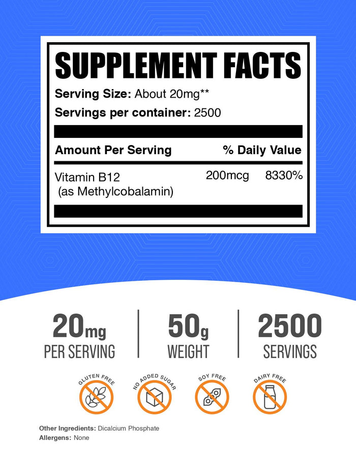 Vitamin B12 1% methylcobalamin powder label 50g