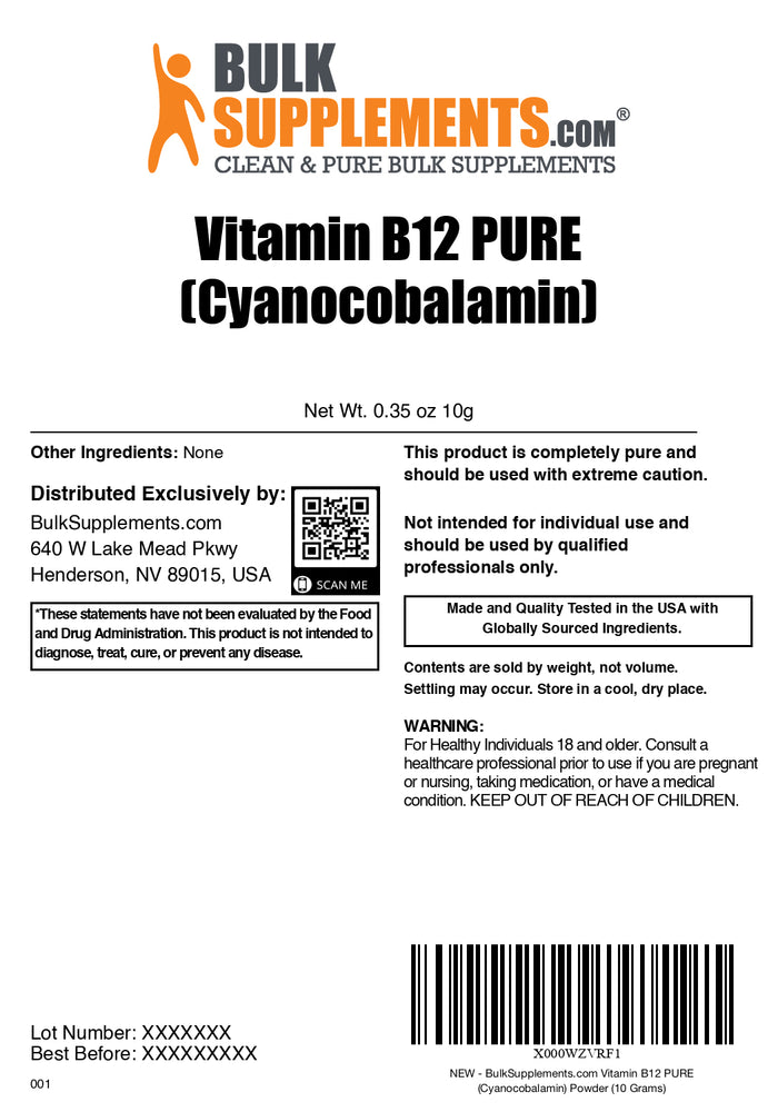 Vitamin B12 (Pure Cyanocobalamin) powder label 10g