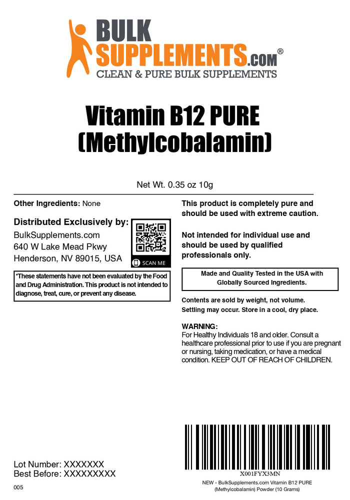 Vitamin B12 (Pure Methylcobalamin) powder label 10g