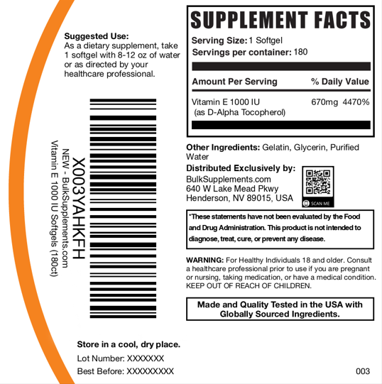 Vitamin E (1000IU) 180 Softgels Plain Label