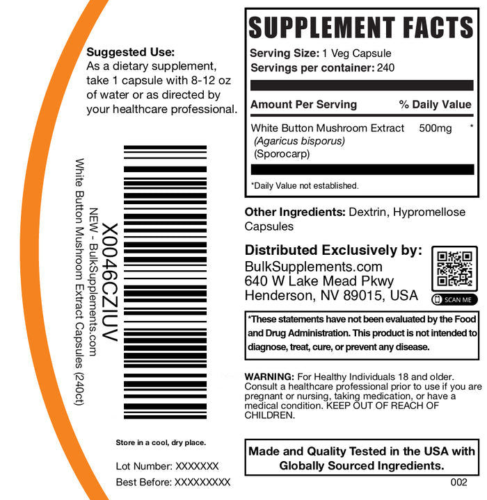White Button Mushroom Extract 240 capsules label