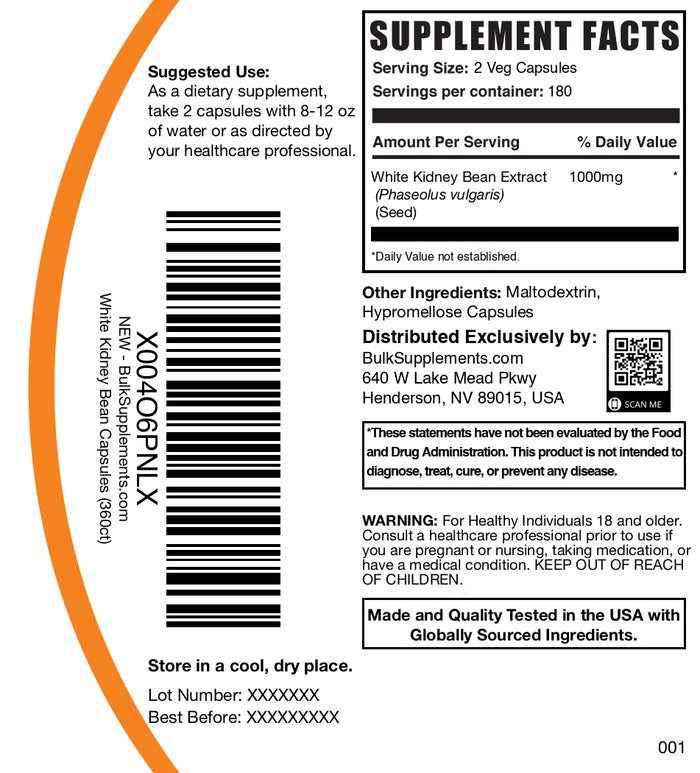 White kidney bean extract 360 capsules label