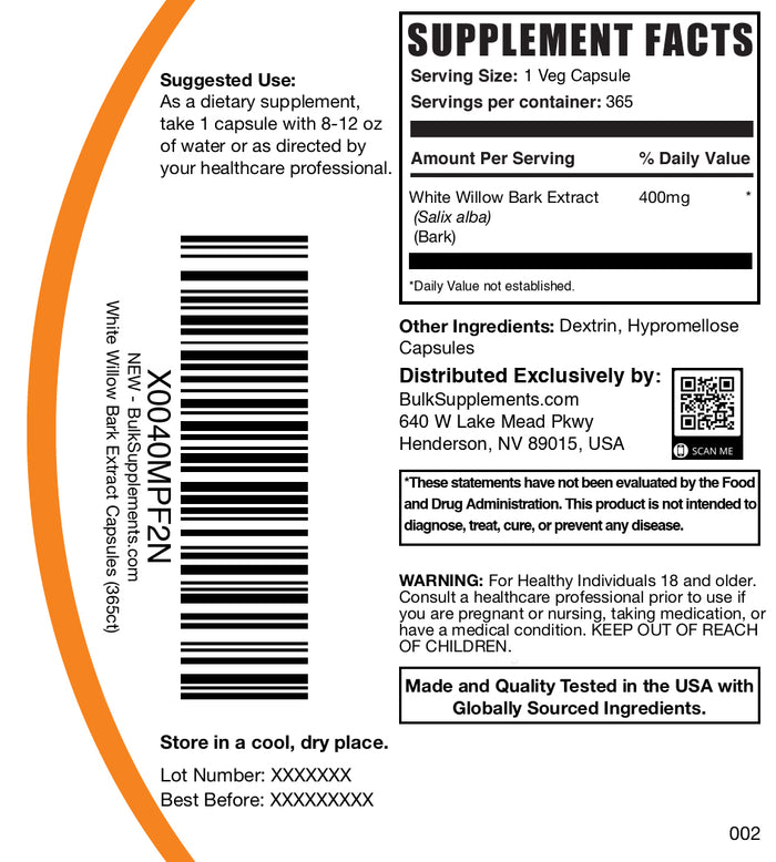 White willow bark 365 capsules label