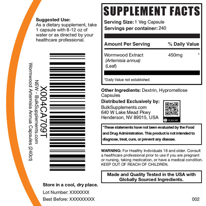 Wormwood extract 240 capsules label