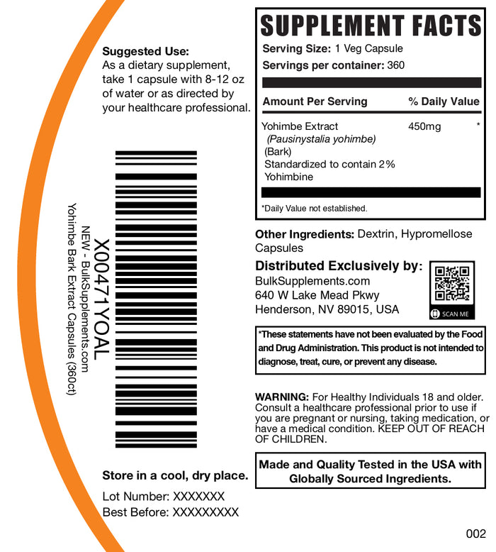 Yohimbe extract 360 capsules label