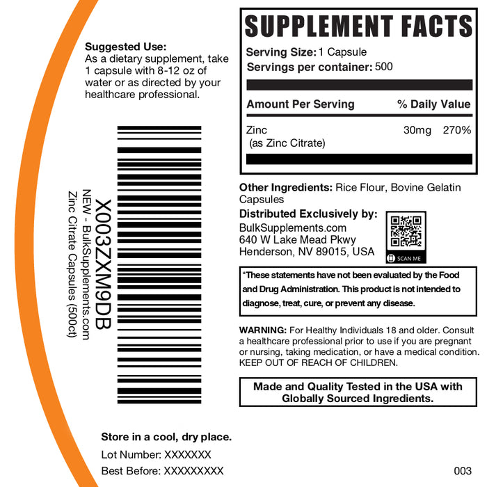 Zinc citrate 500 capsules label