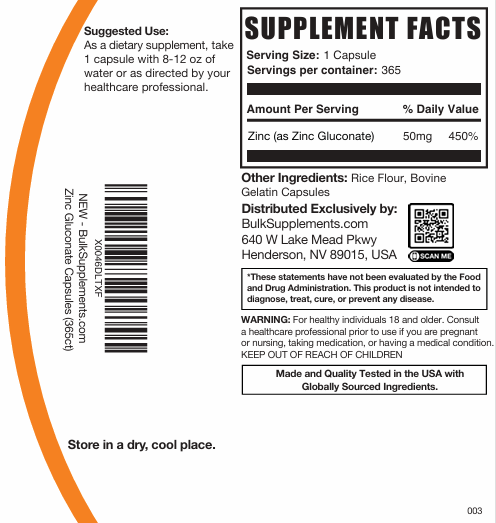 Zinc Gluconate Capsules 365ct Plain Label