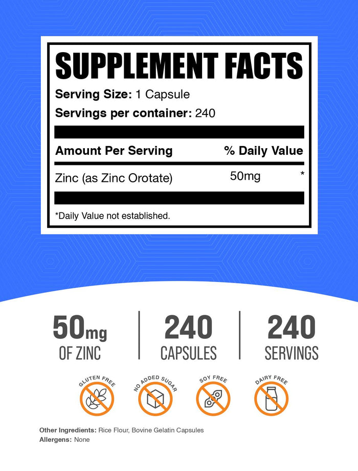 Zinc Orotate Capsules 240ct Label